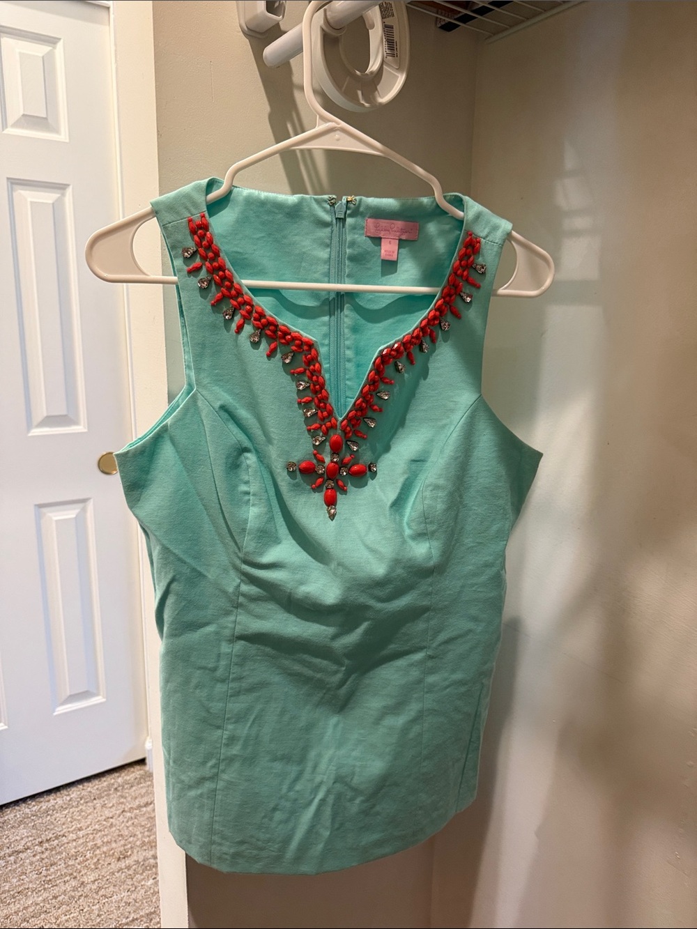 Lilly Pulitzer Mint Green Sleeveless Top with Red Beaded V-Neck